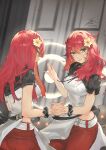  2girls belt blunt_bangs devola fadingz flower green_eyes hair_flower hair_ornament highres interlocked_fingers light_smile long_hair looking_at_viewer multiple_girls nier nier:automata nier_(series) popola red_hair siblings signature twins 