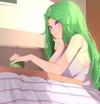  1girl absurdres adomiwan bare_shoulders blush breasts closed_mouth cup green_hair grey_tank_top head_rest highres holding holding_cup indoors kotatsu large_breasts long_hair looking_at_viewer midori_(adomiwan) original parted_bangs purple_eyes smile solo table tank_top 