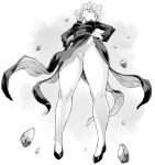  1girl black_dress breasts closed_mouth dress floating from_below hands_on_hips highres long_sleeves looking_at_viewer medium_breasts medium_hair mogudan monochrome one-punch_man panties rock shoes solo tatsumaki underwear 