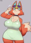  &lt;3 animal_crossing anthro audie_(animal_crossing) biped blonde_hair blue_eyes blush breasts canid canine canis clothed clothing female fur gesture grey_background hair hi_res looking_at_viewer mammal nintendo orange_body orange_fur simple_background smile solo sususuigi v_sign wolf 