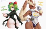  2023 anthro big_butt butt clothing cosplay crossover crossover_cosplay digital_media_(artwork) duo eyelashes female fingers gammainks generation_3_pokemon generation_4_pokemon green_hair hair hi_res kirlia long_ears looking_at_viewer lopunny my_hero_academia nintendo one-punch_man one_(manga) pokemon pokemon_(species) simple_background 