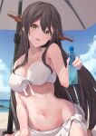  1girl absurdres bikini black_hair breasts brown_eyes collarbone haruna_(kancolle) headgear highres kantai_collection kokenashi long_hair medium_breasts navel ocean open_mouth outdoors ramune smile sweat swimsuit umbrella white_bikini 