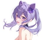  1girl absurdres braid commentary cone_hair_bun double_bun ederh genshin_impact hair_bun hair_ribbon highres keqing_(genshin_impact) long_hair looking_at_viewer nude open_mouth out-of-frame_censoring purple_eyes purple_hair purple_ribbon ribbon simple_background solo twintails white_background 