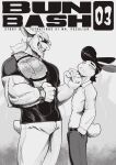  2023 anthro black_and_white bottomwear bulge bun_bash champion_belt clenched_teeth clock clothed clothing comic cover_art digital_media_(artwork) duo english_text fist gary_(peculiart) grin hair handwear hare hi_res lagomorph leporid long_hair looking_at_another looking_at_viewer male mammal monochrome muscular muscular_male niko_(peculiart) pants peculiart pose rabbit shirt short_hair smile t-shirt teeth text threatening threatening_violence topwear vein veiny_muscles watch wrestling wrestling_belt 