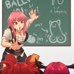  3girls :o animal_ears arm_up arrow_(symbol) black_nails black_vest breasts chalkboard cleavage corset egg english_text from_behind hakos_baelz hakos_baelz_(1st_costume) hand_up highres hololive hololive_english horns irys_(1st_costume)_(hololive) irys_(hololive) large_breasts long_hair looking_at_another mori_calliope mori_calliope_(7th_costume) mouse_ears multiple_girls outstretched_hand p0tart0 pink_hair purple_hair red_hair shirt short_sleeves simple_background standing testicles upper_body vest virtual_youtuber white_background white_shirt 