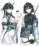  black_hair black_shirt breasts closed_mouth coat dan_heng_(honkai:_star_rail) dan_heng_(imbibitor_lunae)_(honkai:_star_rail) detached_sleeves dragon_girl dragon_horns fingerless_gloves genderswap genderswap_(mtf) gloves green_eyes green_horns grey_skirt hair_between_eyes highres honkai:_star_rail honkai_(series) horns kira_ksd medium_breasts open_hand orb pointy_ears red_eyeliner shirt simple_background skirt thigh_strap upper_body white_coat white_sleeves yin_yang yin_yang_orb 