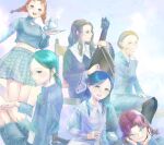  6+girls :d black_pantyhose blue_eyes blue_hair braid brown_eyes brown_hair chair contemporary cup delia_(honzuki_no_gekokujou) denim dress green_hair hair_pulled_back hand_on_own_cheek hand_on_own_face harspiel honzuki_no_gekokujou instrument long_sleeves looking_at_viewer maine_(honzuki_no_gekokujou) midriff monika_(honzuki_no_gekokujou) multiple_girls music nicola_(honzuki_no_gekokujou) pantyhose playing_instrument ponytail purple_dress red_hair rosina_(honzuki_no_gekokujou) seion_sakura sitting smile standing standing_on_one_leg teacup teapot twin_braids wilma_(honzuki_no_gekukujou) yellow_eyes 