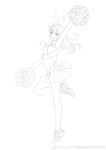  1girl :d absurdres arm_up armpits bare_arms bare_legs bow bow_hairband ccg_expo cheerleader crop_top from_side full_body hairband heel_up highres holding holding_pom_poms leg_up lineart looking_at_viewer looking_to_the_side miniskirt monochrome navel open_mouth pleated_skirt pom_pom_(cheerleading) shoes skirt sleeveless smile sneakers solo standing standing_on_one_leg star_(symbol) tony_taka weibo_logo weibo_username white_background zi_ling 