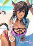  1girl absurdres animal_ears avatar_(ff14) beach bikini black_choker black_hair blurry blurry_background bracelet breasts cat_ears cat_tail choker cleavage commission dark-skinned_female dark_skin day earrings facial_mark final_fantasy final_fantasy_xiv highres ibaraki_shun jewelry kneeling large_breasts long_hair looking_at_viewer miqo&#039;te multicolored_hair outdoors pink_bikini purple_eyes shirt skeb_commission smile solo streaked_hair swimsuit tail tied_shirt wet wet_clothes whisker_markings 