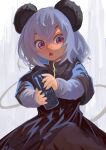  1girl absurdres animal_ears black_dress commentary commentary_request dress english_commentary grey_hair highres lenserd long_sleeves looking_at_viewer monster_energy mouse_ears mouse_girl mouse_tail nazrin open_mouth red_eyes short_hair solo tail touhou 