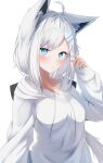  1girl absurdres amato_0321 animal_ears blue_eyes breasts fox_ears fox_girl highres hololive hood hood_down hoodie long_hair long_sleeves looking_at_viewer medium_breasts shirakami_fubuki sleeves_past_wrists virtual_youtuber white_background white_hair white_hoodie 