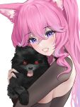  1girl absurdres animal animal_ears black_nails character_request commentary commission copyright_request derlyt grin highres holding holding_animal long_hair looking_at_viewer nail_polish pink_hair pink_lips purple_eyes smile solo upper_body 