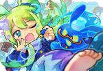  1girl barefoot blue_eyes blue_pants blue_shirt blurry crescent crescent_hair_ornament depth_of_field doradorakingyo drooling green_hair hair_bun hair_ornament holding holding_pen long_sleeves marvett_(puyopuyo) mouth_drool one_eye_closed open_mouth orange_hair pants pen puyopuyo_quest shirt twitter_username yawning yellow_eyes 