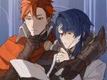  2boys alcryst_(fire_emblem) armor black_gloves blue_hair brothers cape closed_mouth diamant_(fire_emblem) fire_emblem fire_emblem_engage gloves hair_ornament hairclip high_collar highres holding long_sleeves male_focus multiple_boys paper quill red_eyes red_hair shirt short_hair siblings white_shirt wogesb 