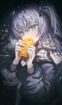  1girl absurdres baggy_clothes blue_archive blue_eyes blue_hair blush checkered_clothes checkered_scarf cityscape eating food hair_between_eyes highres holding holding_food jacket long_sleeves looking_at_viewer medium_hair night noubin scarf solo taiyaki two_side_up wagashi white_scarf yuuka_(blue_archive) 