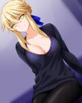  1girl artoria_pendragon_(fate) artoria_pendragon_(lancer)_(fate) blonde_hair blue_ribbon breasts cleavage engo_(aquawatery) fate/grand_order fate_(series) green_eyes highres large_breasts looking_at_viewer ribbed_sweater ribbon sitting smile solo sweater upper_body 
