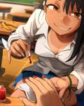  1girl 1other absurdres black_hair blue_skirt blurry blurry_background breasts brown_eyes cleavage commentary english_commentary grin highres holding ijiranaide_nagatoro-san indoors khyle. long_hair looking_at_viewer medium_breasts nagatoro_hayase nail_polish red_nails shirt skirt smile solo_focus tan white_shirt 