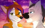  2022 canid canine canis day detailed_background digital_media_(artwork) domestic_dog duo evange female fox heterochromia hi_res male mammal outside sky smile 