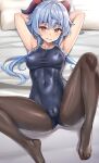  1girl ahoge armpits arms_behind_head arms_up black_pantyhose blue_hair blue_one-piece_swimsuit blush breasts cameltoe covered_navel covered_nipples ganyu_(genshin_impact) genshin_impact goat_horns highres horns kotatsu_(kotatsu358) long_hair looking_at_viewer low_ponytail medium_breasts new_school_swimsuit one-piece_swimsuit pantyhose purple_eyes school_swimsuit smile solo swimsuit 