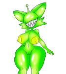  alien anthro big_breasts breasts claws domestic_cat eyeless fangs felid feline felis female genitals green_body hi_res mammal nipples nsfwtheodore nude open_mouth open_smile pussy simple_background smile solo teeth thick_thighs 