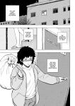  1girl commentary drawstring english_commentary english_text glasses highres hikikomori holding holding_sack hood hoodie jitome left-to-right_manga messy_hair mole mole_under_eye monochrome night open_clothes open_hoodie original pants sack sandals semi-rimless_eyewear short_hair solo stairs sweatpants under-rim_eyewear y_naf 