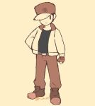  1boy belt belt_buckle black_hair black_shirt brown_footwear brown_headwear brown_pants buckle closed_mouth commentary_request fingerless_gloves full_body gloves grey_eyes hand_in_pocket hat highres jacket long_sleeves male_focus open_clothes open_jacket pants pokemon pokemon_(game) pokemon_rgby red_(pokemon) shiogi_(riza_49) shirt shoes short_hair smile solo standing twitter_username watermark 