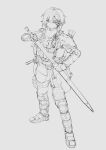  absurdres armor character_request commentary_request copyright_request earpiece grey_background hair_between_eyes highres holding holding_sword holding_weapon long_sleeves military_uniform monochrome sheath short_hair simple_background sketch solo sword tuziki_sang uniform weapon 