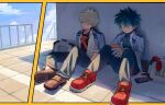  2boys bakugou_katsuki blazer blonde_hair boku_no_hero_academia briefcase brown_footwear closed_eyes cloud day gloves green_eyes green_hair grey_jacket jacket loafers male_focus midoriya_izuku multiple_boys on_ground outdoors railing red_footwear rooftop school_uniform shoes short_hair sitting sky sneakers spiked_hair superhero u.a._school_uniform white_gloves yeol2510 