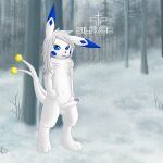 anthro blue_cheeks blue_ears blue_eyes erection fog foggy_background forest forest_background fur genitals grey_hair hair hi_res lagomorph male mammal melee_weapon nature nature_background navel penis plant silavos silavos_snow smile snow solo sword tail tree watermark weapon white_body white_fur 