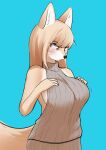  1girl absurdres alternate_breast_size animal_ear_fluff animal_ears animal_nose bangs bare_shoulders blonde_hair blue_background blush body_fur breasts closed_mouth commentary commentary_typo constricted_pupils covered_collarbone english_commentary fox_ears fox_girl fox_tail furry furry_female grey_sweater hands_on_own_chest hands_up highres jeifier_(korfiorano01) large_breasts long_hair looking_down original sideboob sidelocks simple_background sleeveless sleeveless_sweater snout solo standing sweat sweater tail two-tone_fur upper_body white_fur yellow_eyes yellow_fur 