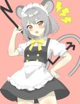  1girl absurdres animal_ear_fluff animal_ears apron black_dress blush bow bowtie commentary cowboy_shot dowsing_rod dress grey_hair highres lightning_bolt_symbol looking_at_viewer maid maid_headdress mouse_ears mouse_girl mouse_tail nazrin one-hour_drawing_challenge open_mouth pink_background red_eyes shirokumall short_hair short_sleeves simple_background solo tail touhou white_apron yellow_bow yellow_bowtie 