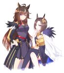 2girls ahoge air_groove_(umamusume) animal_ears belt black_gloves black_thighhighs blue_eyes bow bowtie breasts brown_hair choker cleavage closed_mouth commentary cropped_legs crossed_legs dress duramente_(umamusume) feathers gloves grey_eyes hand_on_own_chin horse_ears long_hair looking_at_viewer multiple_girls purple_dress romi_(346_ura) sailor_collar shirt short_hair shoulder_cape simple_background single_thighhigh sitting small_breasts standing symbol-only_commentary thighhighs umamusume white_background wide_sleeves yellow_shirt 