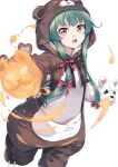  1girl animal_costume animal_ears animal_hood bear_costume bear_ears bear_hood black_bow bow commentary_request fake_animal_ears green_hair hair_bow hand_puppet hood hood_up kuma_kuma_kuma_bear long_hair looking_at_viewer miri_(ago550421) open_mouth puppet purple_eyes red_bow simple_background solo standing standing_on_one_leg v-shaped_eyebrows very_long_hair white_background yuna_(kuma_kuma_kuma_bear) 