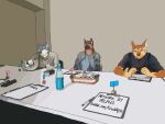  4:3 anthro bottle canid canine canis container desk domestic_dog feral fox furniture german_shepherd group herding_dog humanoid inugami_ei male male/male mammal mr_zhao paper pastoral_dog simple_background table wolf wolpha wolpha_(character) 