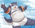  2023 anthro belly big_belly black_nose blue_eyes bottomwear bulge canid canine canis clothing cloud domestic_dog harima hi_res humanoid_hands kemono male mammal moobs navel nipples overweight overweight_male shorts solo swimwear tamacolle timaki_z 