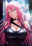  1girl braid breasts elf fantasy french_braid green_eyes hair_between_eyes highres kein_hasegawa large_breasts leather_suit long_hair looking_at_viewer original pink_hair pointy_ears 