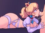  1boy 1girl blonde_hair blue_eyes breasts chest_jewel cleavage cragscleft crown cum cum_on_body cum_on_breasts dark_background dress earrings elbow_gloves erection fellatio garter_belt garter_straps gloves jewelry non-web_source oral ponytail princess_peach thighs white_dress 