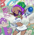  ! !! 2girls 4boys :d ;d archived_source big_man_(splatoon) breasts clothes_writing colored_tongue cosplay covered_nipples crop_top cross-shaped_pupils dark-skinned_female dark_skin drawfag earrings english_text fangs food food_on_head forehead frye_(splatoon) green_eyes green_hair green_tongue groin hokkamuri holding holding_microphone jewelry medium_breasts microphone miniskirt morolian multicolored_eyes multiple_boys multiple_earrings multiple_girls navel object_on_head octoling octoling_boy one_eye_closed open_mouth orange_shirt outstretched_arm pointy_ears purple_eyes purple_hair salute shirt shiver_(splatoon) short_eyebrows skirt sleeveless smile space_channel_5 speech_bubble splatoon_(series) splatoon_3 suction_cups symbol-shaped_pupils teeth tempura tentacle_hair thigh_strap tooth_earrings ulala ulala_(cosplay) upper_teeth_only white_skirt 