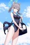  1girl animal_ear_fluff animal_ears bag bare_shoulders blue_archive blue_eyes blue_one-piece_swimsuit blue_sky blush breasts collarbone covered_navel cross_hair_ornament duffel_bag extra_ears grey_hair hair_ornament halo highleg highleg_swimsuit highres looking_at_viewer medium_breasts medium_hair multicolored_clothes multicolored_swimsuit one-piece_swimsuit open_mouth ririko_(zhuoyandesailaer) shiroko_(blue_archive) shiroko_(swimsuit)_(blue_archive) sidelocks sky solo swimsuit thighs wolf_ears 