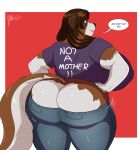  anthro big_breasts big_butt bottomwear breasts brown_body brown_fur brown_hair butt canid canine canis clothed clothing denim denim_clothing dialogue domestic_dog female floppy_ears fur hair hands_on_hips hi_res huge_breasts huge_butt jeans jwinkz looking_at_viewer looking_back looking_back_at_viewer mammal mature_female molosser mountain_dog pants rear_view saint_bernard shirt solo standing t-shirt tight_jeans topwear voluptuous_female vreneli_liljedahl 