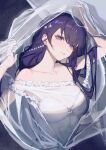  1girl breasts cleavage collarbone dress earrings genshin_impact head_tilt highres jewelry large_breasts long_hair looking_at_viewer mole mole_under_eye off-shoulder_dress off_shoulder parted_lips purple_eyes purple_hair raiden_shogun smile solo upper_body wedding_dress white_dress white_veil yutou_(yutou75) 