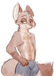  anthro belly_tuft bluedouble boxers_(clothing) bulge canid canine chest_tuft clothed clothing disney fox hair hi_res male mammal nick_wilde simple_background smug solo topless tuft underwear white_background zootopia 