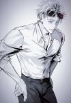  1boy blue_eyes collarbone collared_shirt cowboy_shot eyewear_on_head gojou_satoru greyscale hands_on_own_hips highres jujutsu_kaisen male_focus monochrome pants parted_lips partially_unbuttoned pryanye8611 shirt short_hair sleeves_rolled_up solo spot_color standing sunglasses 