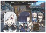  4girls baozi black_jacket blue_hair bottle bridge chibi company_connection day eating eating_contest eyewear_on_head food game_screenshot_background genshin_impact grey_hair hand_on_another&#039;s_shoulder holding holding_bottle honkai:_star_rail honkai_(series) in-universe_location jacket lamp long_hair march_7th_(honkai:_star_rail) mihoyo multiple_girls outdoors pink_hair shenhe_(genshin_impact) short_hair standing stelle_(honkai:_star_rail) sunglasses sweater trailblazer_(honkai:_star_rail) very_long_hair white_hair white_sweater xinzoruo yelan_(genshin_impact) 