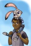  anthro blue_background brown_eyes brown_hair carrying clothing dark_body dark_skin disney duo female fur grey_body grey_clothing grey_fur grey_hoodie grey_topwear hair hand_on_head hoodie human judy_hopps lagomorph leporid male mammal piggyback police_uniform purple_eyes quentin_(zylo24) rabbit resting simple_background smile topwear uniform zdrer456 zootopia 