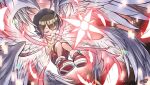  1girl akamine_naoki angel_wings angewomon blowing_whistle brown_hair closed_eyes digimon digimon_(creature) digimon_adventure digimon_crest gradient_background highres holding holding_whistle multiple_wings shawl shirt short_hair shorts whistle whistle_around_neck wings yagami_hikari 