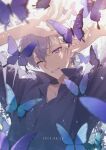  1boy 2023 aiue_o_eiua black_shirt bug butterfly collared_shirt dated highres idolish7 light_purple_hair long_sleeves male_focus one_eye_closed osaka_sougo purple_butterfly purple_eyes shirt short_hair smile solo teeth white_background 