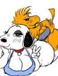 anthro anthrofied avian beagle big_breasts big_butt bird breasts butt canid canine canis cleavage clothed clothing collar crossgender domestic_dog duo eyeshadow feathers female fur gesture hi_res hunting_dog lidded_eyes lipstick makeup mammal peanuts_(comic) scent_hound seanmalikdesigns shirt snoopy tagme tank_top thick_thighs topwear v_sign white_body white_fur woodstock_(peanuts) yellow_body yellow_feathers 