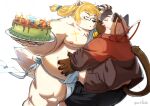  2023 anthro art_hoshi asian_clothing belly big_belly birthday_cake blush bottomwear cake clothing dessert domestic_cat duo east_asian_clothing eyes_closed eyewear felid feline felis food fundoshi glasses hand_holding hi_res japanese_clothing kemono male male/male mammal moobs nipples overweight overweight_male shorts simple_background underwear white_clothing white_fundoshi white_underwear 