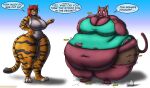  2021 absurd_res anthro big_breasts bottomwear breasts clothing cracked_floor deep_navel domestic_cat dress duo english_text felid feline felis female flask fur hi_res huge_belly huge_breasts mammal morbidly_obese morbidly_obese_anthro morbidly_obese_female navel obese obese_anthro obese_female overweight overweight_anthro overweight_female pantherine potion rumbling_stomach shirt shorts speech_bubble striped_body striped_fur stripes text tiger topwear torn_bottomwear torn_clothing torn_shirt torn_shorts torn_topwear urmi_(starknight321) viroveteruscy weight_gain 